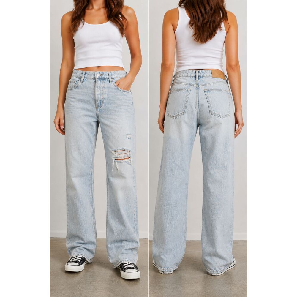 &Denim by H&M 90s Boyfriend Jeans Women's Light Wash Distressed Button Fly Size - Picture 1 of 9